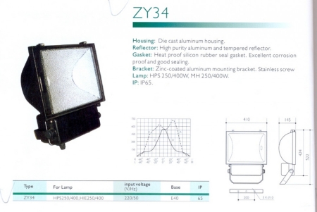 Изображение ZY34/MH250W Прожектор прямоугольный 522*410*145 мм, алюминиевый корпус, симметричный, IP-65, использовать с металлогалогеновой лампой цоколь Е40, 250W  интернет магазин Иватек ivatec.ru