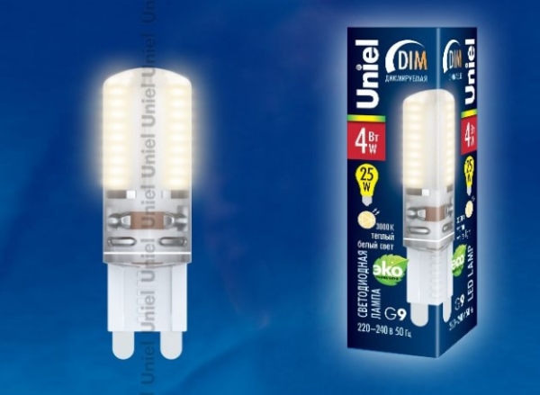 LED-JCD-4W/WW/G9/CL/DIM Лампа светодиодная диммируемая с силиконовым покрытием. Цвет свечения теплый белый. Упаковка картон. ТМ Uniel 220В