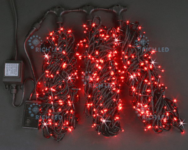 Гирлянда 3 Нити по 20м, красный, 600 LED, 24В, мерцание, черный провод, IP54