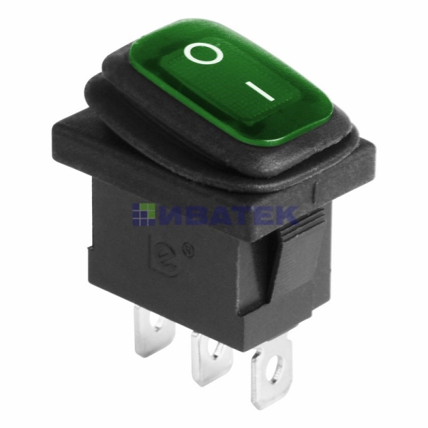 Выключатель клавишный 250V 6А (3с) ON-OFF зеленый  с подсветкой  Mini ВЛАГОЗАЩИТА REXANT (уп 10шт)