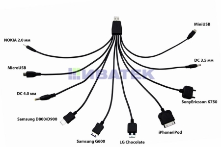 Изображение USB-кабель 10 в 1: 5P/5P/DC2.0/micro USB/DC4.5/DC3.5/Type-С/Samsung G600/iPhone4/micro USB  интернет магазин Иватек ivatec.ru