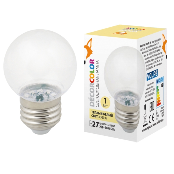 LED-G45-1W-3000K-E27-CL-С Лампа декоративная светодиодная. Форма шар. прозрачная. Теплый белый свет 