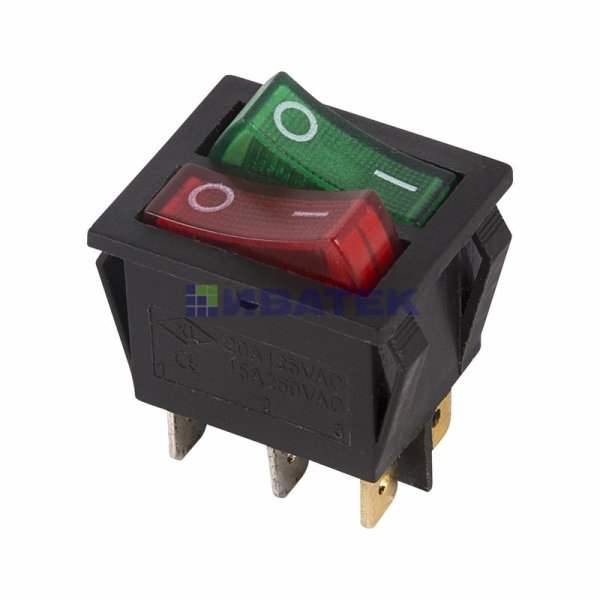 Выключатель клавишный 250V 15А (6с) ON-OFF красный/зеленый  с подсветкой  ДВОЙНОЙ  REXANT уп 10шт