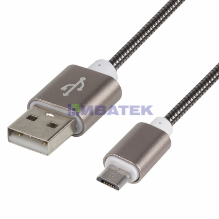 Изображение USB кабель microUSB, шнур в металлической оплетке черный  интернет магазин Иватек ivatec.ru