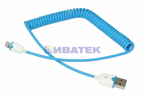 USB кабель для iPhone 5/6/7 моделей шнур спираль (усиленный) 1 м синий(упак/10шт.)