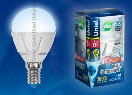 Изображение Лампа светодиодная е14 60Вт "глоба" диммируемая LED-G45-6W/NW/E14/FR/DIM ALP01WH  интернет магазин Иватек ivatec.ru