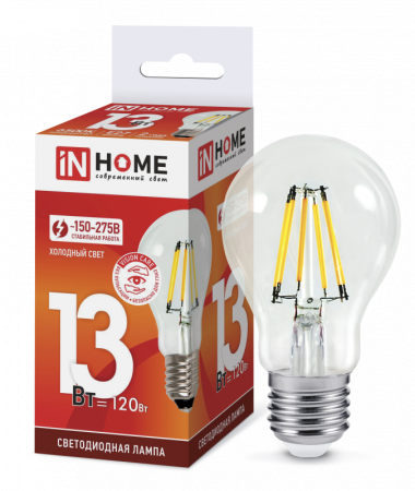 Изображение Лампа светодиодная LED-A60-deco 13Вт 230В Е27 6500К 1370Лм прозрачная IN HOME  интернет магазин Иватек ivatec.ru