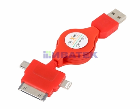 Изображение USB кабель-рулетка 3 в 1 для iPhone 5/microUSB/iPhone 4 красный  интернет магазин Иватек ivatec.ru
