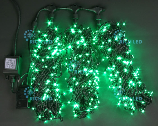 Гирлянда 3 Нити по 20м, зеленый, 600 LED, 24В, 8 режимов свечения, черный провод, IP65