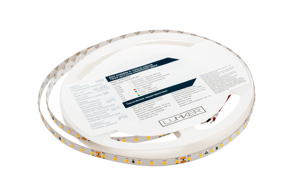 Лента светодиодная LUMKER, 2835, 98 LED/м, 10 Вт/м, 24В, IP33, Теплый белый (3000K)