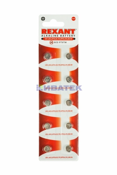 Изображение Батарейка "REXANT"  LR41,AG3,LR736,G3,192,GP92A,392,SR41W(упак/10шт.)  интернет магазин Иватек ivatec.ru