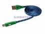 Изображение USB кабель светящиеся разъемы для iPhone 5/6/7 моделей шнур шелк плоский1М синий(упак/10шт.)  интернет магазин Иватек ivatec.ru