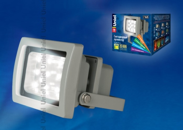 ULF-S03-16W/DW IP65 110-240В Прожектор светодиодный. Корпус серый. Цвет свечения дневной. Степень защиты IP65. Картонная упаковка