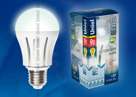 Изображение Лампа светодиодная е27 75Вт в форме обычной лампы накаливания LED-A60-9W/NW/E27/FR ALM01WH  интернет магазин Иватек ivatec.ru