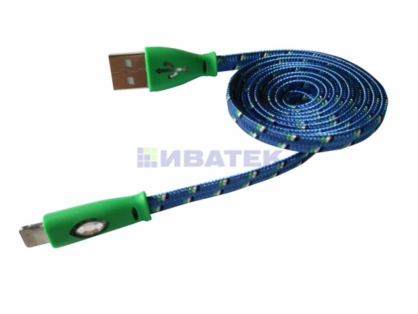 USB кабель светящиеся разъемы для iPhone 5/6/7 моделей шнур шелк плоский1М синий(упак/10шт.)
