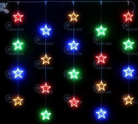 Изображение Светодиодный узорный занавес Rich LED Звезды, 2*2, постоянное свечение, цвет: мульти, провод: прозра  интернет магазин Иватек ivatec.ru