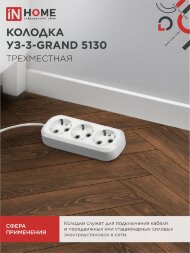 Колодка УЗ-3-GRAND трехместная с заземлением 5130 IN HOME