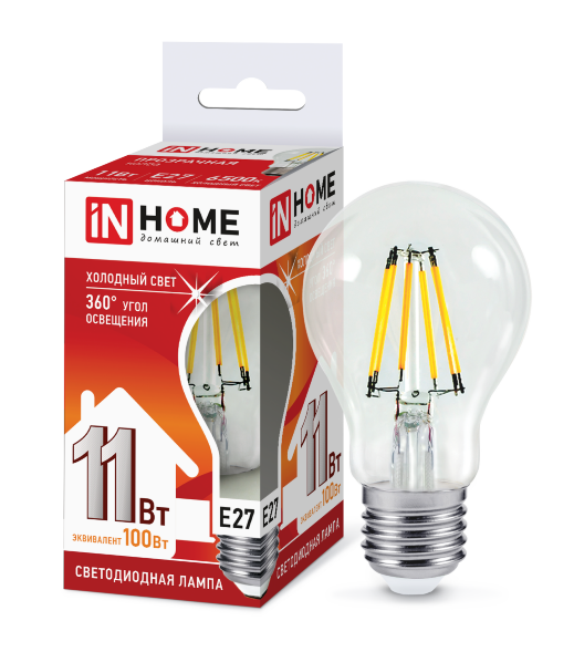 Лампа светодиодная LED-A60-deco 11Вт 230В Е27 6500К 1160Лм прозрачная IN HOME