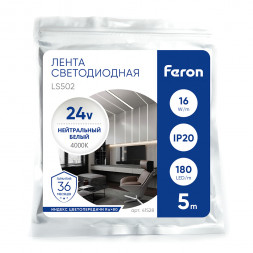 Лента светодиодная 180SMD(2835)/м 16Вт/м 24V 5000*10*1.22мм 4000К, LS502 FERON