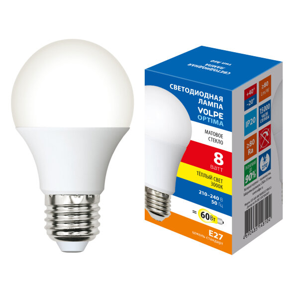 LED-A60-8W-3000K-E27-FR-SLS Лампа светодиодная. Форма A. матовая. Теплый белый свет 3000K. ТМ Volpe