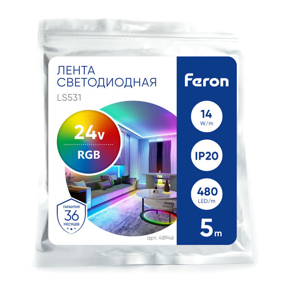 Лента светодиодная 480SMD(2110)/ 14Вт/м 24V 5000*8*1.8мм RGB, IP20, LS531 FERON