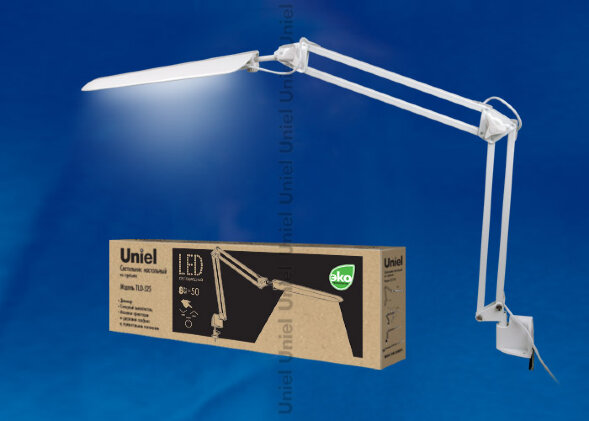 TLD-524 White-8W-Светильник настольный на струбцине-LED-500Lm-4500K-Dimmer-Цвет-белый