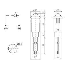 Индикатор O8 12В с проводом красный LED (WL-04)  REXANT