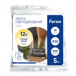 Лента светодиодная, 240SMD(2835)/м 19Вт/м 12V 5000*10*1.22мм 3000К, IP20, LS617 FERON