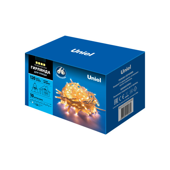 ULD-S1000-120-TWK WARM WHITE IP67 Гирлянда светодиодная с эффектом мерцания. 10м. Соединяемая. 120 светодиодов. Теплый белый свет. Провод белый. TM Uniel.