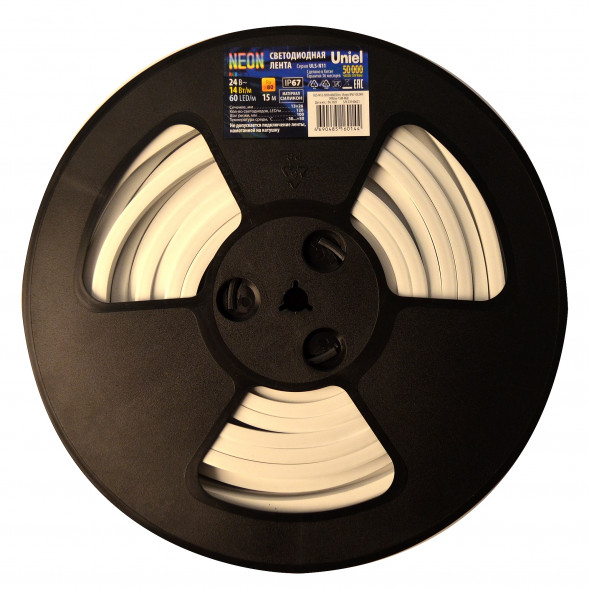 ULS-N11-2835-120LED-m-8mm-IP67-DC24V-10W-m-15M-3000K Светодиодная гибкая герметичная лента. NEON. Катушка 15м. в герметичной упаковке. Теплый белый свет 3000K. ТМ Uniel