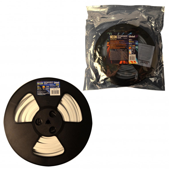 ULS-N11-2835-120LED-m-8mm-IP67-DC24V-10W-m-15M-3000K Светодиодная гибкая герметичная лента. NEON. Катушка 15м. в герметичной упаковке. Теплый белый свет 3000K. ТМ Uniel