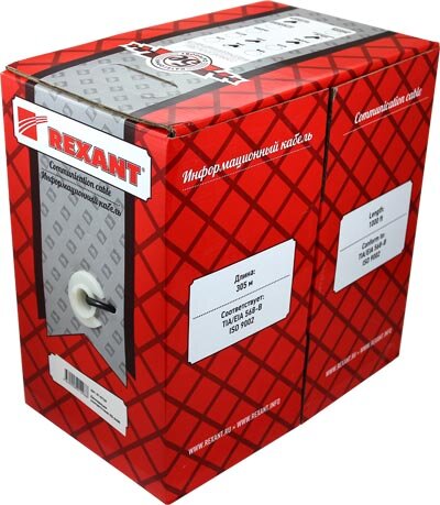 Кабель витая пара U/UTP, CAT 5e, PVC, 2PR, 24AWG, INDOOR, STRANDED, серый, 305м REXANT