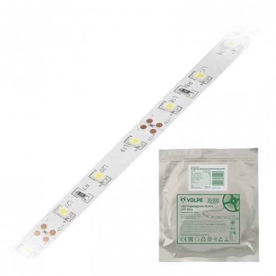 ULS-Q320 2835-60LED-m-8mm-IP20-DC12V-4.8W-m-5M-6500K Гибкая светодиодная лента на самоклеящейся основе. Катушка 5 м. в герметичной упаковке. Дневной свет6500K. ТМ Volpe.
