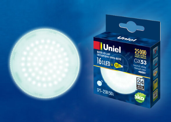 LED-GX53-16W-NW-GX53-FR PLZ01WH Лампа светодиодная. матовая. Белый свет 4000K. Картон. ТМ Uniel