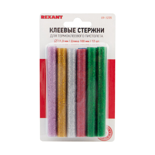 Стержни клеевые O11мм, 100мм, цветные с блестками (12 шт/уп), блистер REXANT