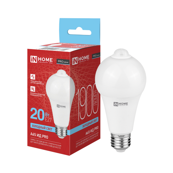 Лампа светодиодная LED-A65 ИД-PRO 20Вт 230В Е27 6500К 1900Лм 5м 35сек с инфракрасным датчиком и датчиком освещенности IN HOME