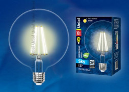 LED-G125-10W-WW-E27-CL PLS02WH Лампа светодиодная. Форма шар. прозрачная колба. Цвет свечения теплый белый. Серия Sky. Упаковка картон. ТМ Uniel