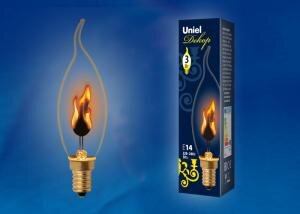 IL-N-CW35-3-RED-FLAME-E14-CL Лампа декоративная с типом свечения эффект пламени. Форма свеча на ветру. прозрачная. Картон. ТМ Uniel.