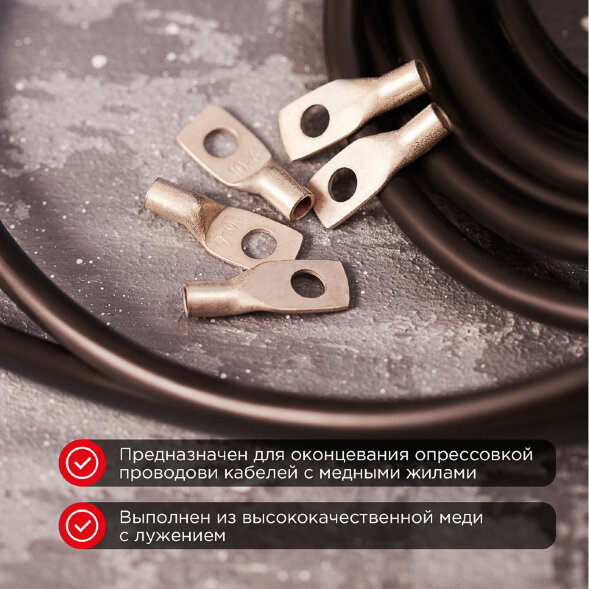 Наконечник медный луженый ТМЛ-Р 10–6 (10мм2 - O6мм) (в упак. 100 шт.) REXANT