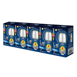 LED-A60-10W-WW-E27-CL PLS02WH Набор из 5штук Лампа светодиодная. Форма A прозрачная. Серия Sky. Теплый белый свет 3000K. Uniel