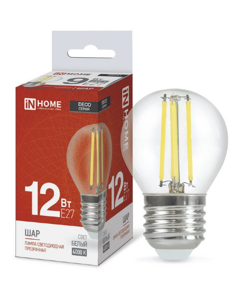 Лампа светодиодная LED-ШАР-deco 12Вт 230В Е27 4000К 1350Лм прозрачная IN HOME