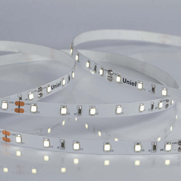 ULS-2835-60LED-m-8mm-IP20-DC24V-6W-m-5M-W Гибкая светодиодная лента на самоклеящейся основе. Катушка 5 м. в герметичной упаковке. Белый свет 4000K. ТМ Uniel.