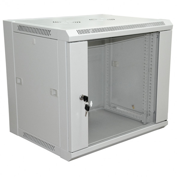 Шкаф настенный 19" 9U 600x600x500мм (ШxГxВ) - передняя дверь стекло, боковые стенки съемные (разобранный) RAL 7035 REXANT PRO