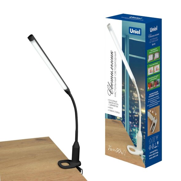 TLD-572 Black-LED-500Lm-4500K-Dimmer Светильник настольный светодиодный на струбцине. 7W. Сенсорный выключатель. Диммер. Черный. ТМ Uniel