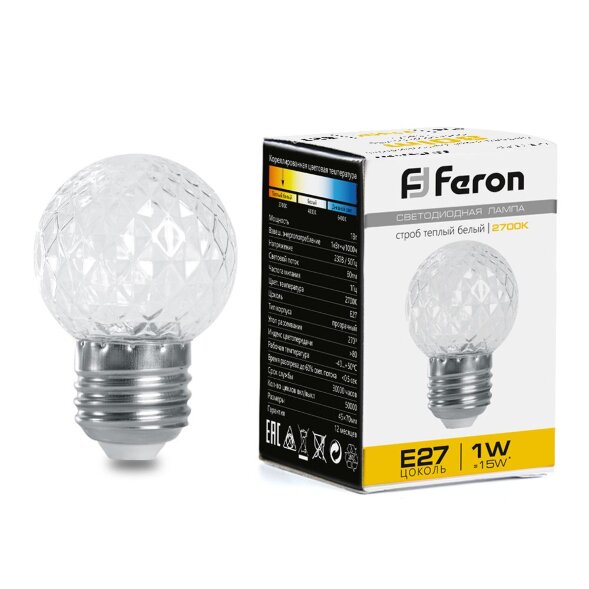 Лампа-строб, (1W) 230V E27 2700K G45 прозрачная, LB-377