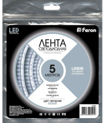 Лента светодиодная, 60SMD(5050)/m 14.4W/m 12V 5m 6500К, LS606 FERON